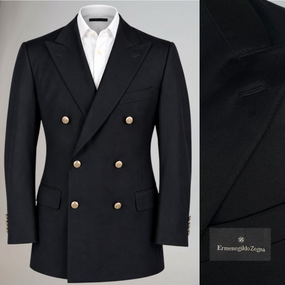 Zegna Full Canvas Double Breasted Blazer 44R Midnight Blue Silver Crest Buttons